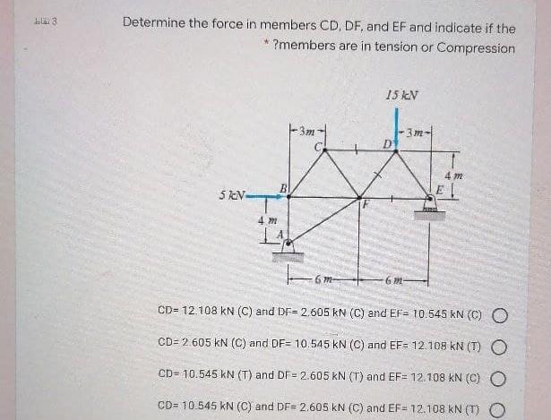 Solved بقاع 3 Determine the force in members CD, DF, and EF | Chegg.com