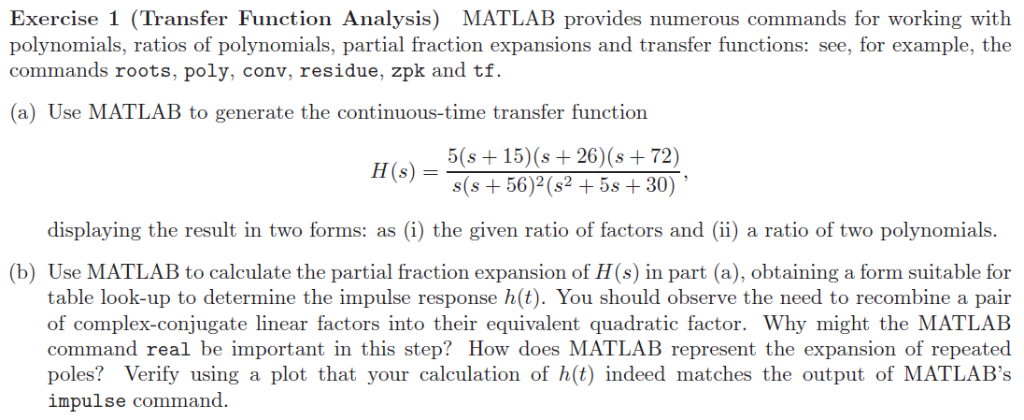 Solved Exercise 1 (Transfer Function Analysis) MATLAB | Chegg.com