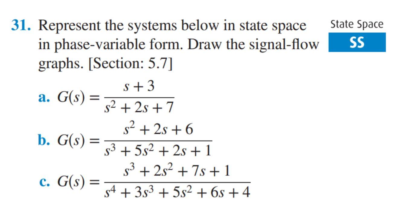 Solved State Space SS 31. Represent the systems below in | Chegg.com
