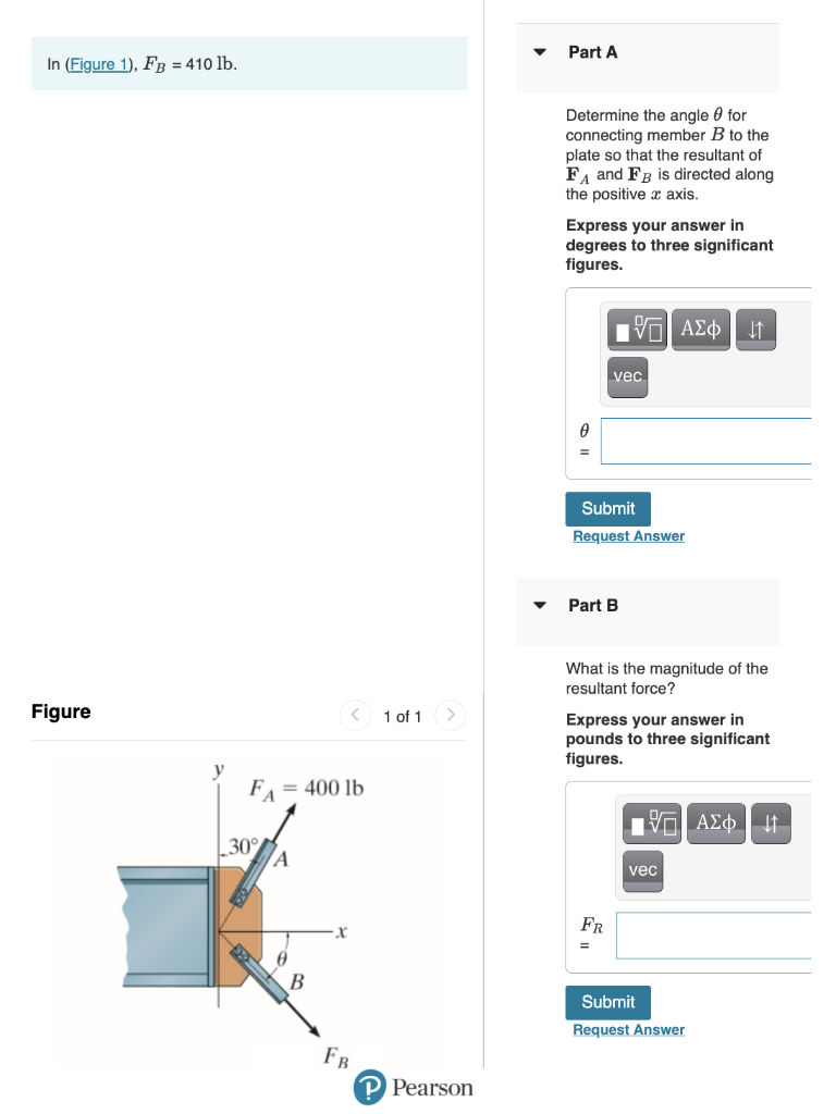 Solved In (Figure 1), FB = 410 lb. Figure FA = 400 lb 30% A | Chegg.com