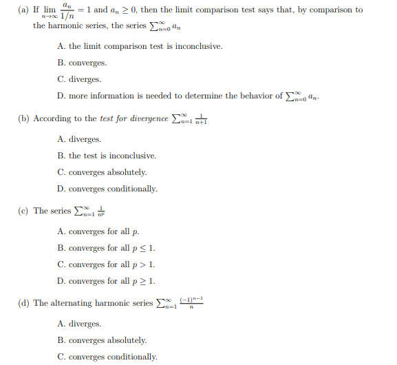 Solved (a) If lim = 1 and an > 0, then the limit comparison | Chegg.com