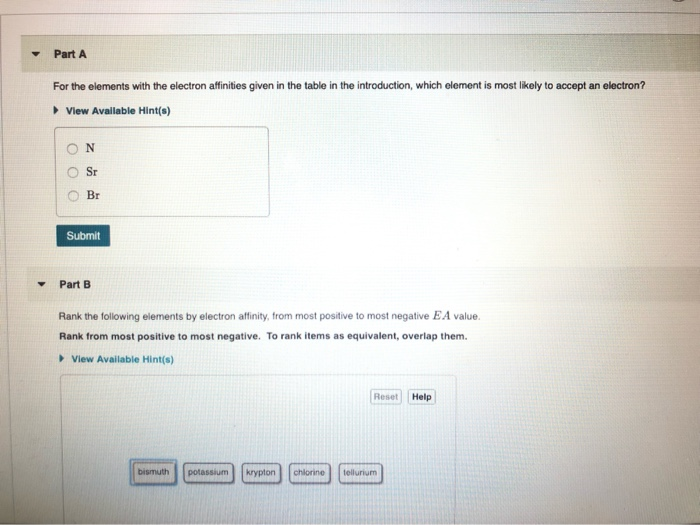 Solved PartA For the elements with the electron affinities