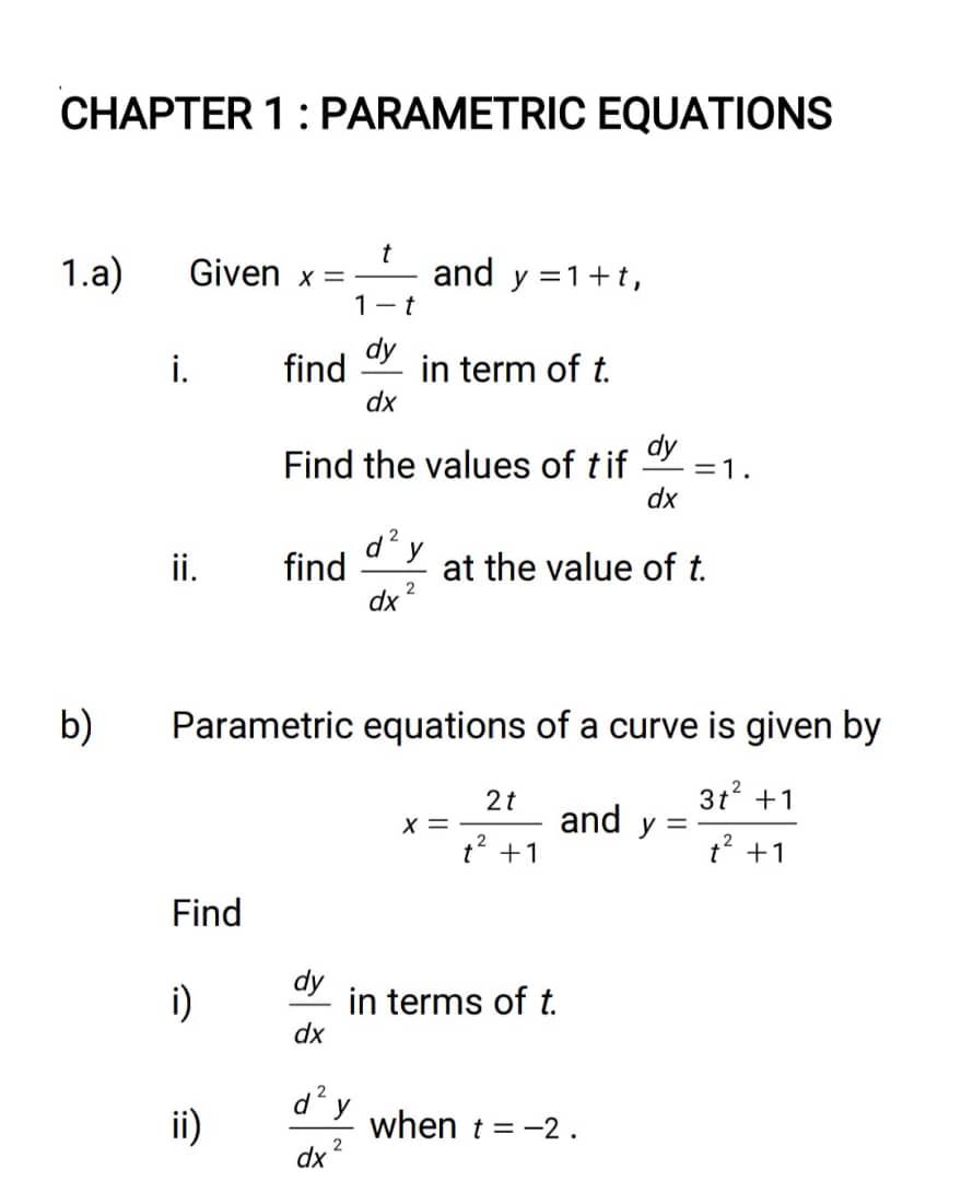 Solved CHAPTER 1: PARAMETRIC EQUATIONS t 1.a) Given x= and y | Chegg.com