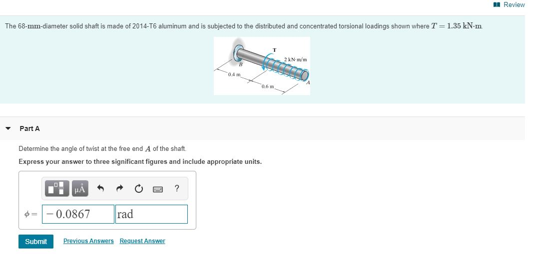 Solved Review The 68-mm-diameter solid shaft is made of | Chegg.com
