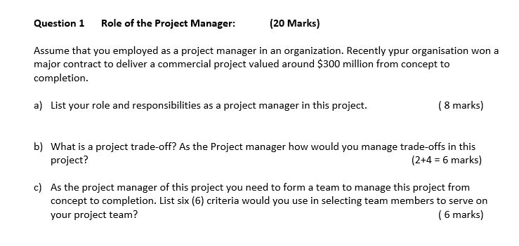 Solved Question 1 Role of the Project Manager: (20 Marks) | Chegg.com