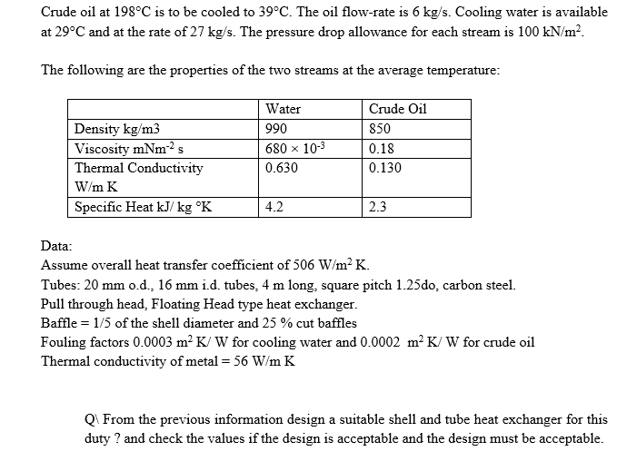 Solved Crude oil at 198°C is to be cooled to 39°C. The oil