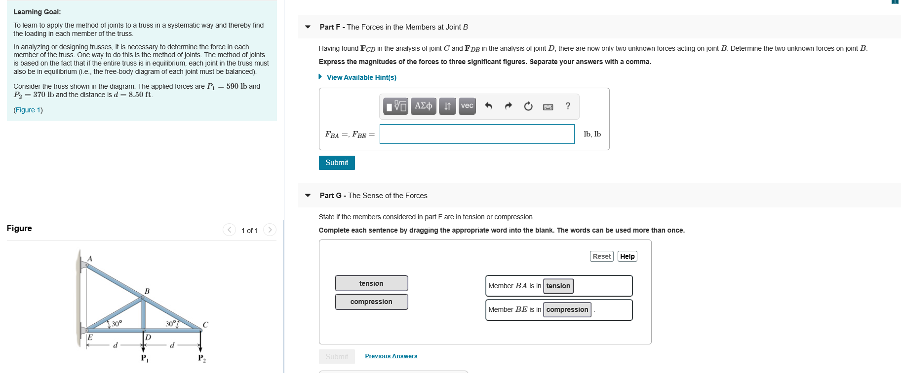 Solved Part F - The Forces In The Members At Joint B | Chegg.com