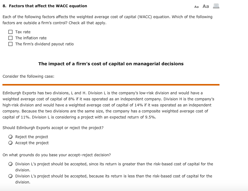 Solved 8. Factors that affect the WACC equation Aa Aa E Each | Chegg.com