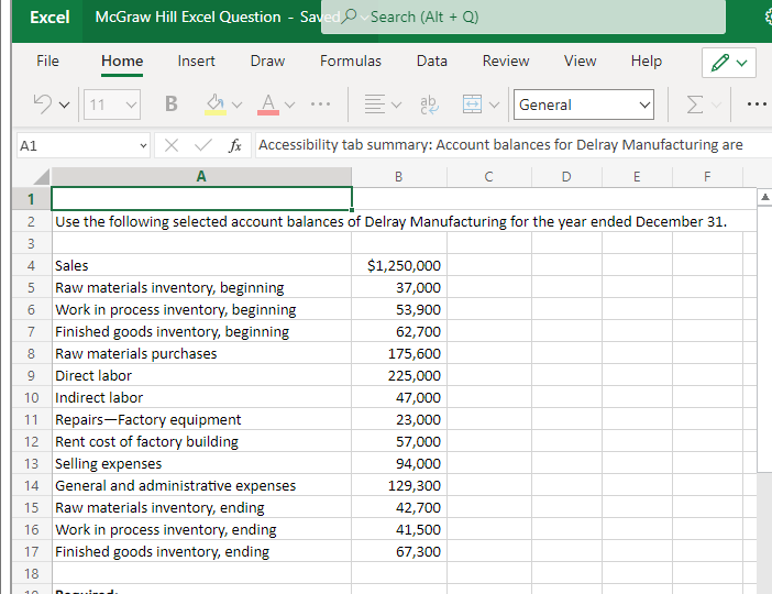 Solved A15 ××∨fx Raw materials inventory, endingExcel McGraw