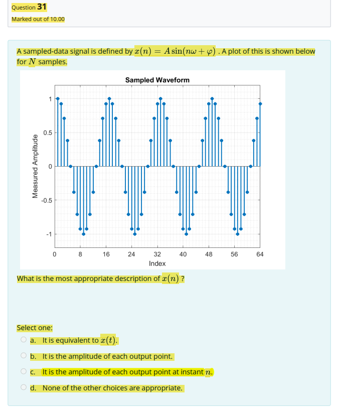 Solved Question 29 Marked out of 10.00 A sampled-data signal | Chegg.com