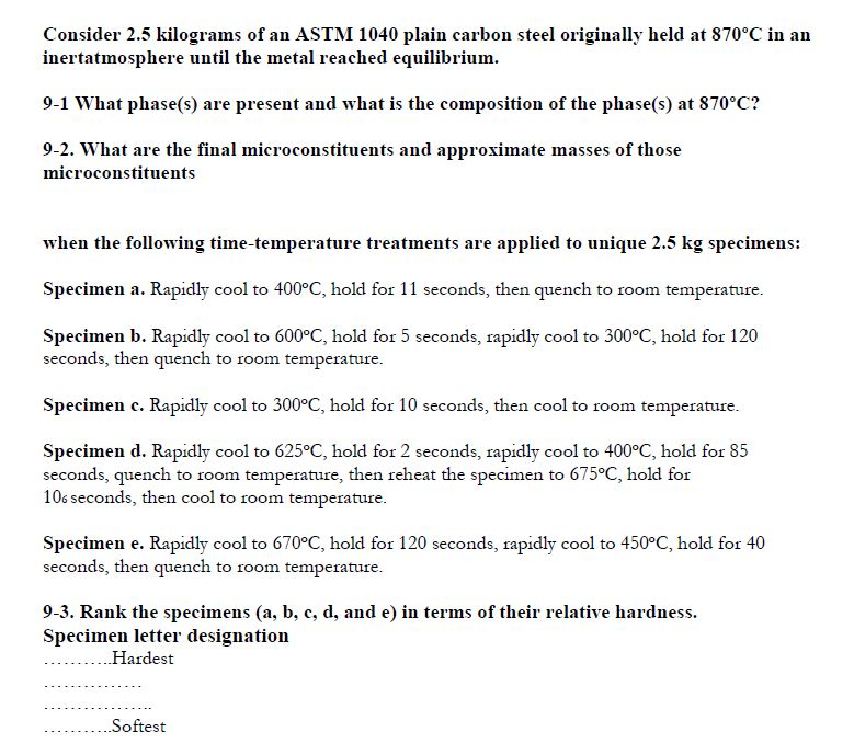 Solved Consider 2.5 kilograms of an ASTM 1040 plain carbon | Chegg.com