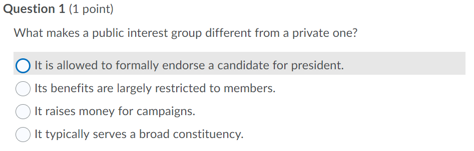 Solved: Question 1 (1 Point) What Makes A Public Interest ...