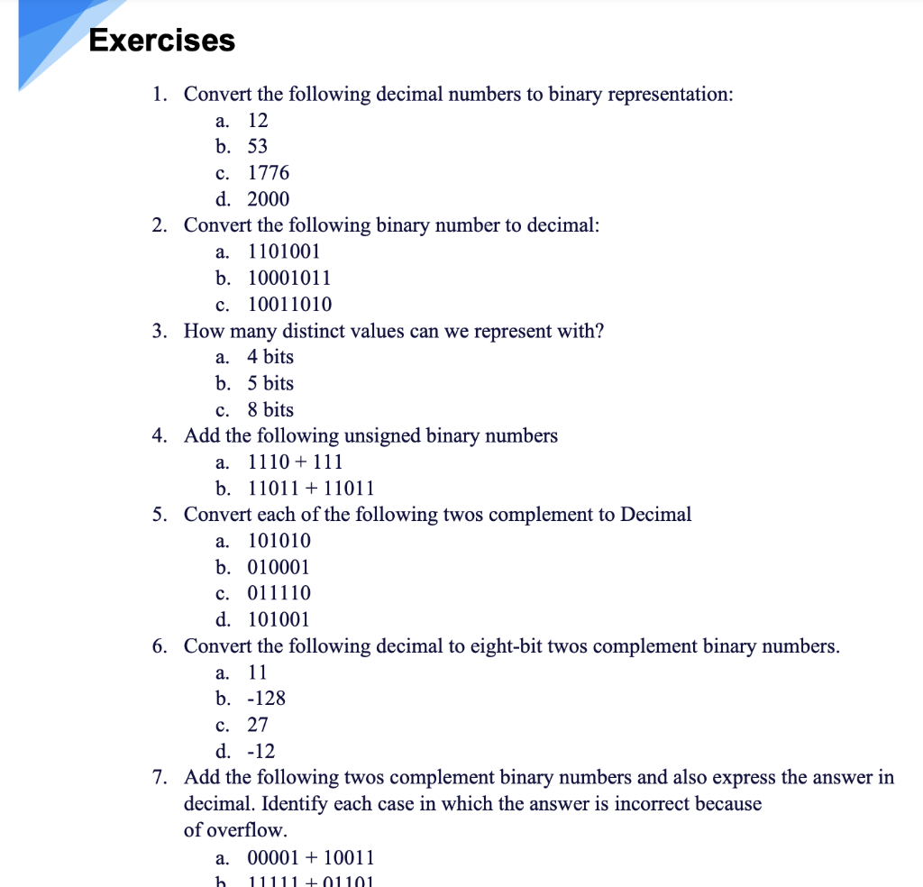 Exercises a. 1. Convert the following decimal numbers | Chegg.com