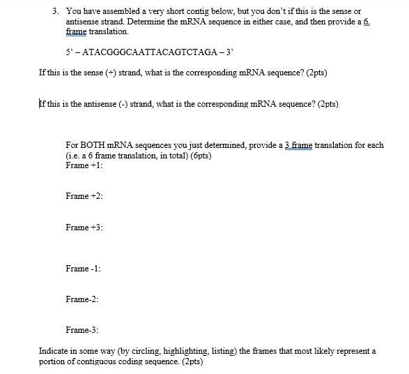 Solved 3. You have assembled a very short contig below, but | Chegg.com