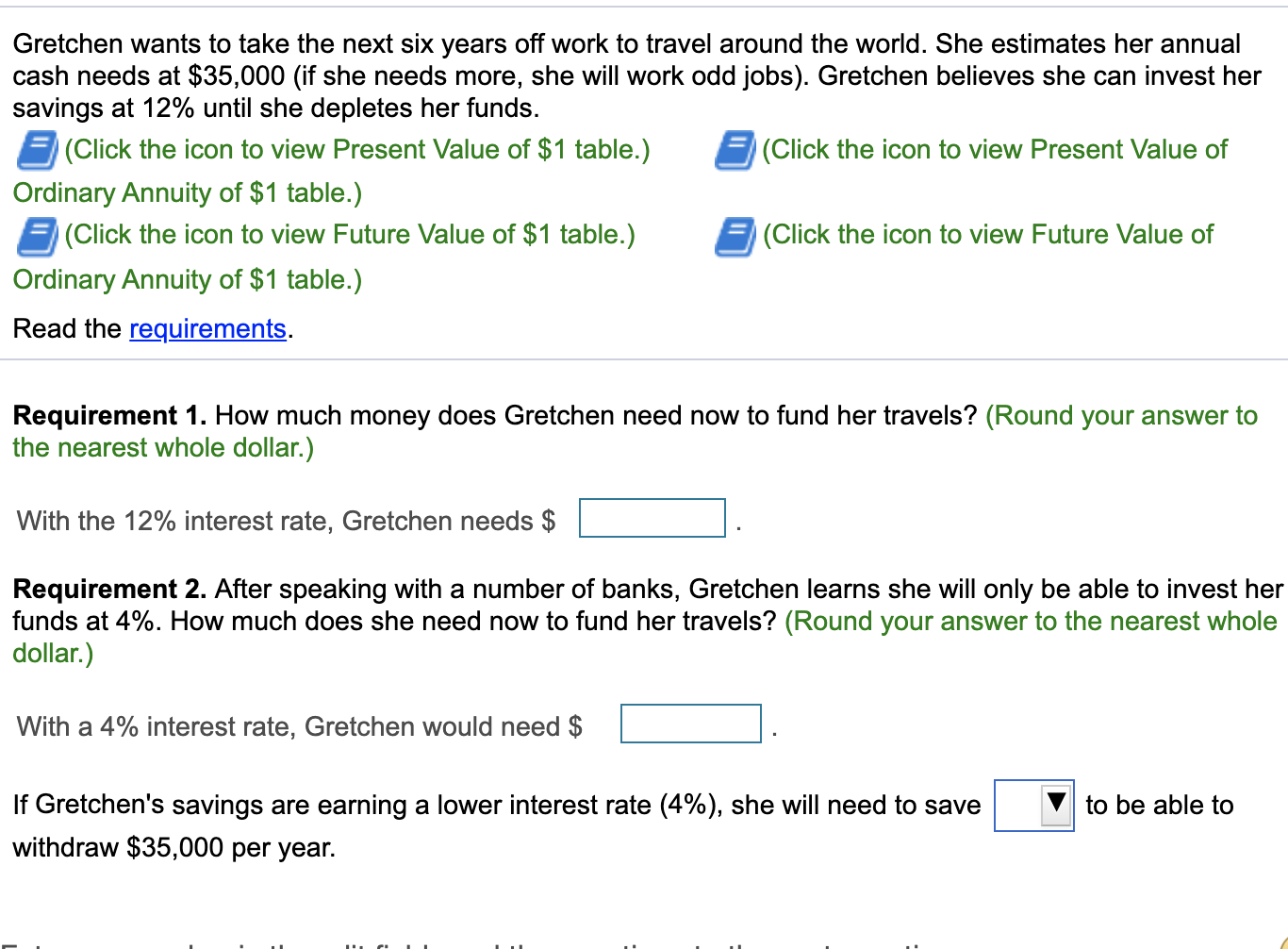 Solved Gretchen Wants To Take The Next Six Years Off Work To Chegg