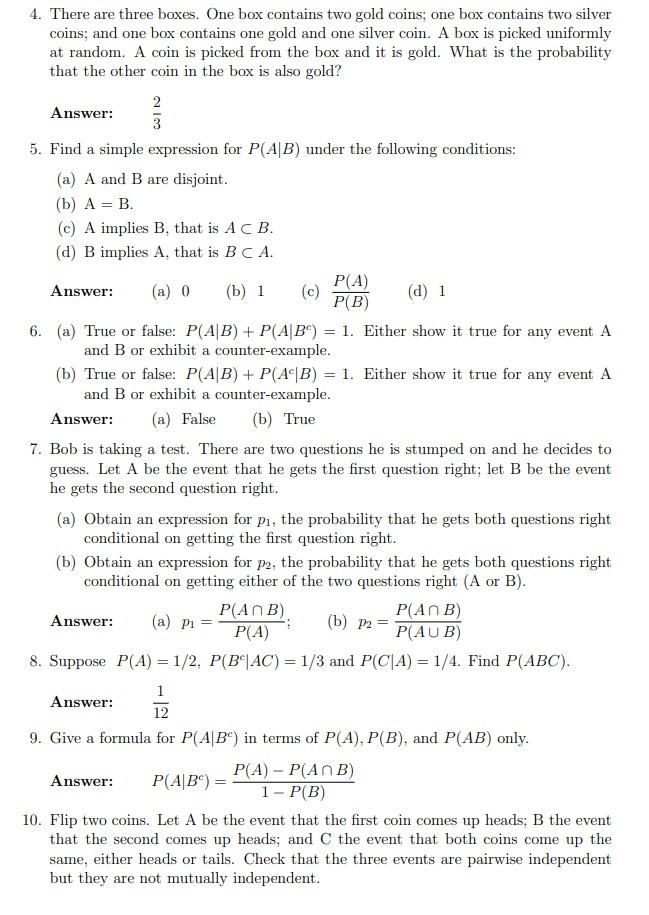 Solved 4. There are three boxes. One box contains two gold | Chegg.com