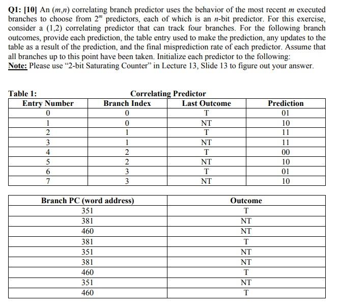 Q1: [10] An (m,n) Correlating Branch Predictor Uses | Chegg.com