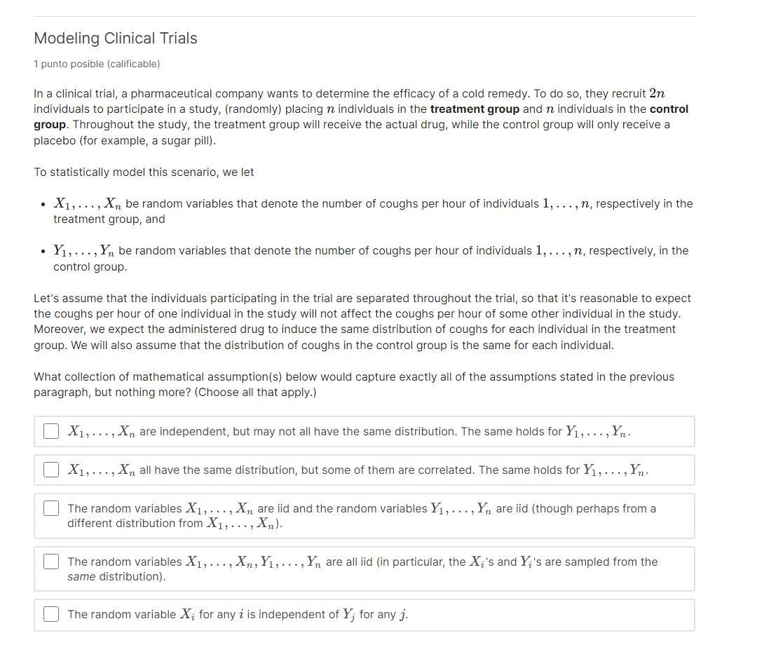 Solved Modeling Clinical Trials 1 punto posible | Chegg.com