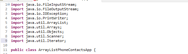 \( 1 \Theta \) import java.io.FileInputStream;
2 import java.io.FileOutputStream;
3 import java.io. IOException;
4 import jav