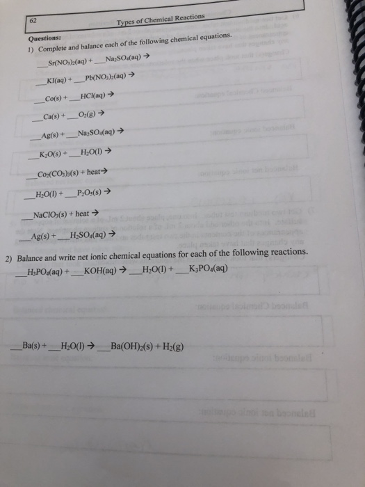 Solved 62 Types of Chemical Reactions Questions: 1) Complete | Chegg.com