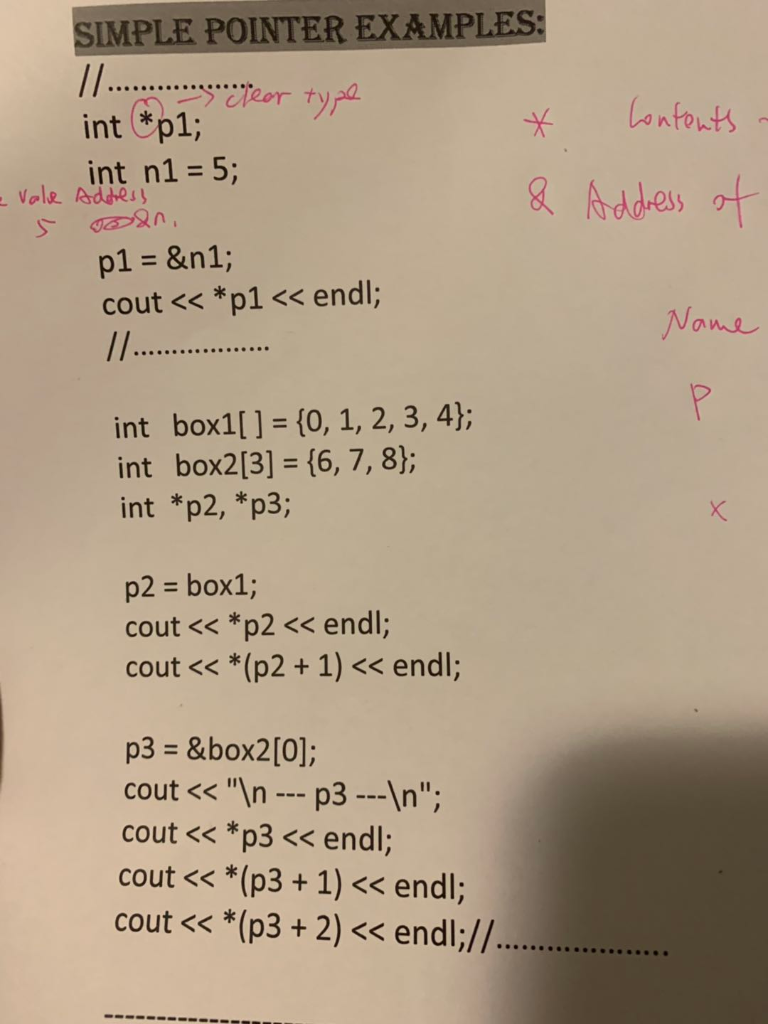 Solved SIMPLE POINTER EXAMPLES: l/ int n1 5; p1 = & nto | Chegg.com