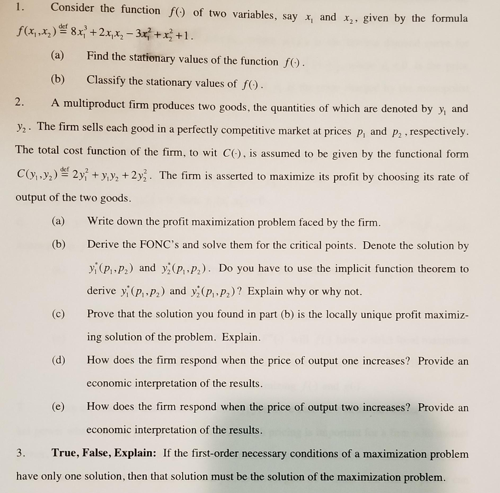 Solved 1. Consider the function fO of two variables, say x, | Chegg.com