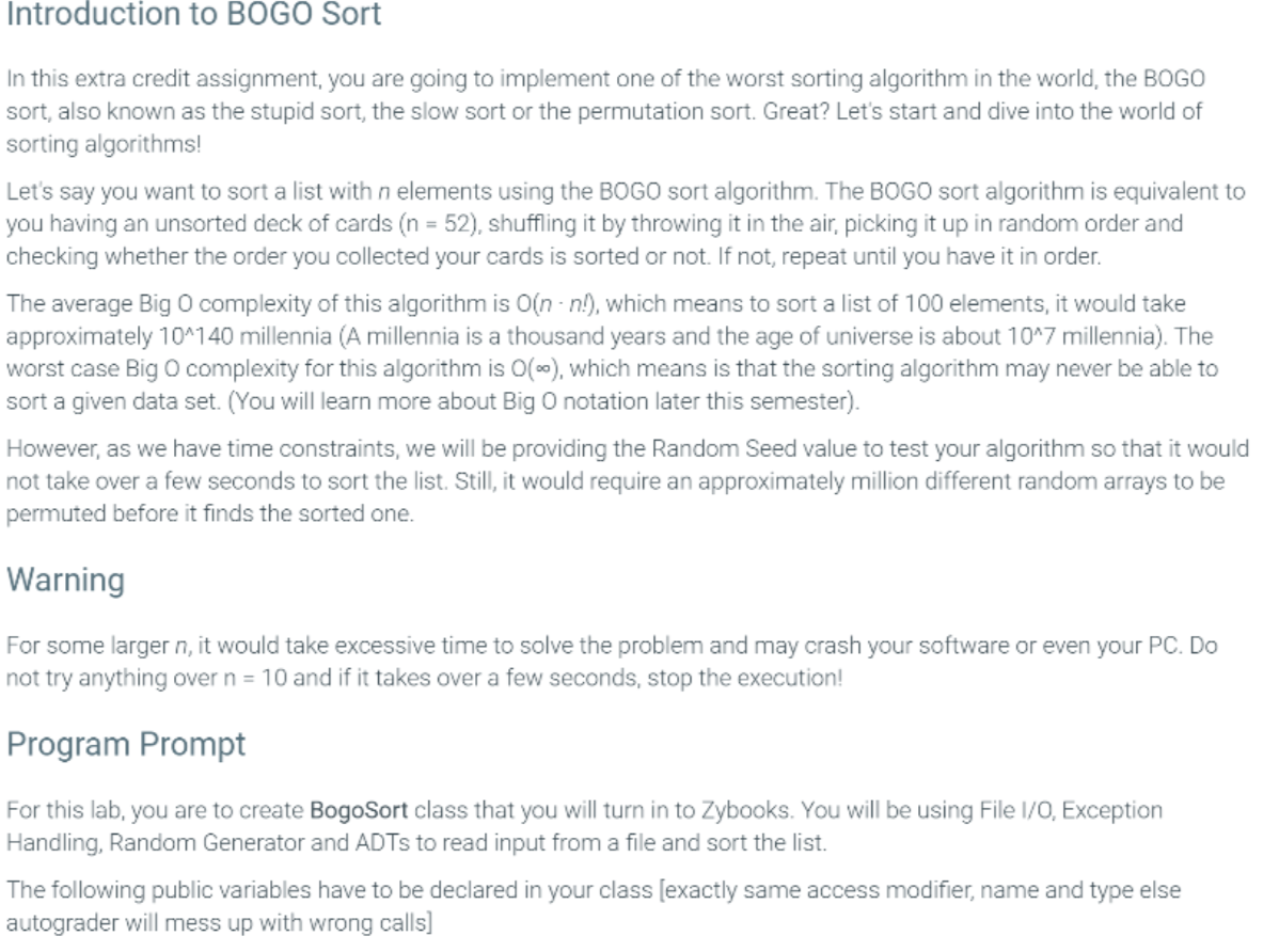 Solved Introduction to BOGO Sort In this extra credit