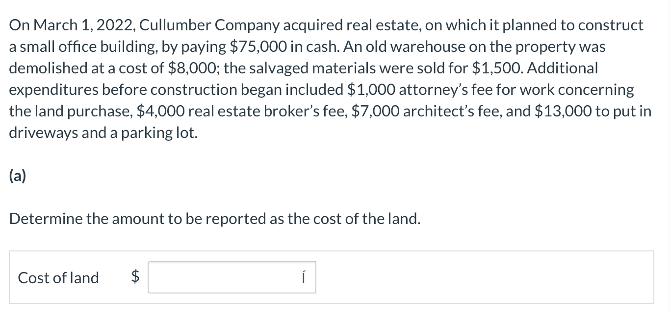 Solved On March 1, 2022, Cullumber Company acquired