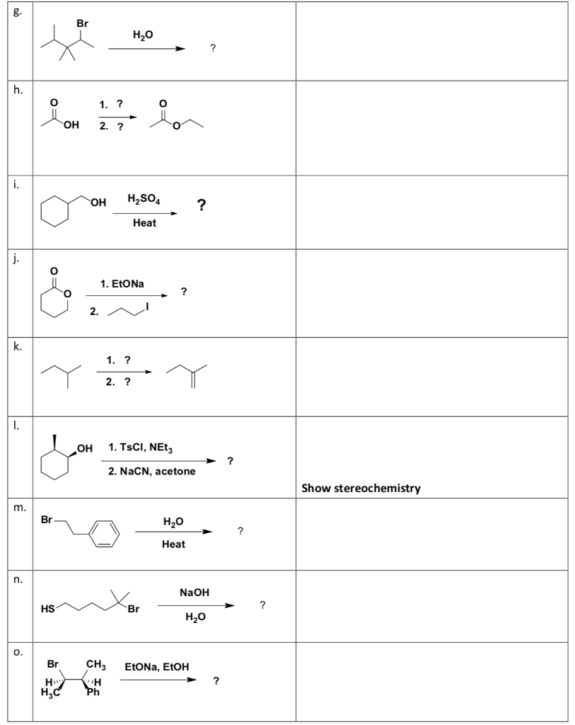 Solved Br H20 h. o Mon 22 in i. OH H2SO4 ? Heat j. 1. Eto Na | Chegg.com