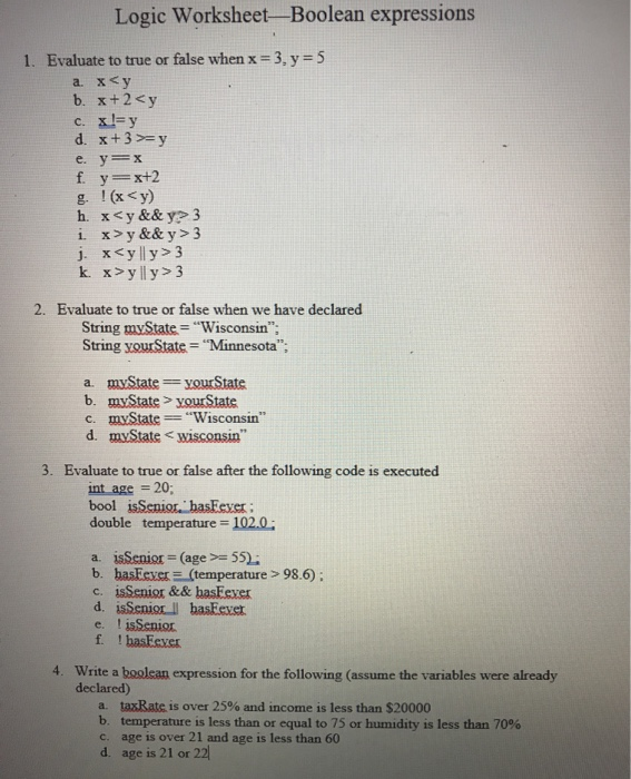 Solved Logic Worksheet-Boolean expressions 1. Evaluate to | Chegg.com