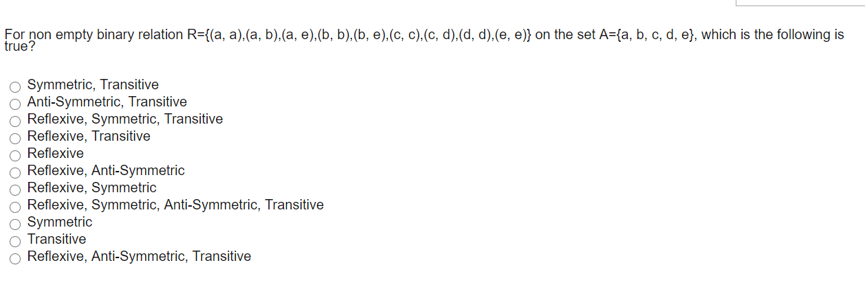 Solved For Non Empty Binary Relation R={(a, A),(a, B),(a, | Chegg.com