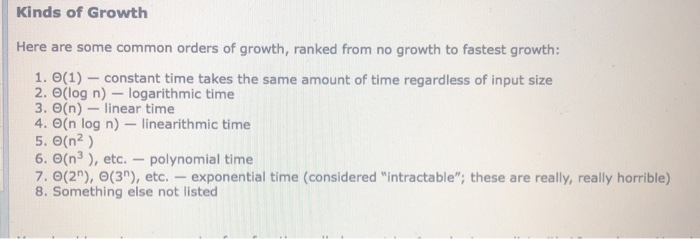 Solved Kinds of Growth Here are some common orders of | Chegg.com