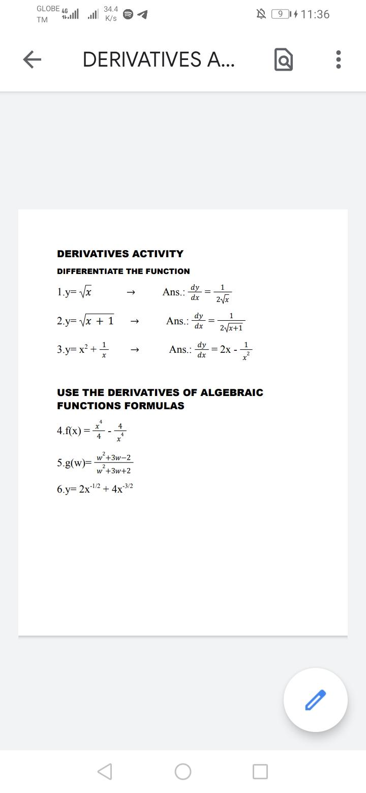 Solved GLOBE 46 TM 34.4 K/s 914 11:36 { DERIVATIVES A... | Chegg.com