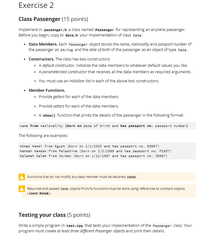 Solved Exercise 2 Class Passenger (15 points) Implement in | Chegg.com