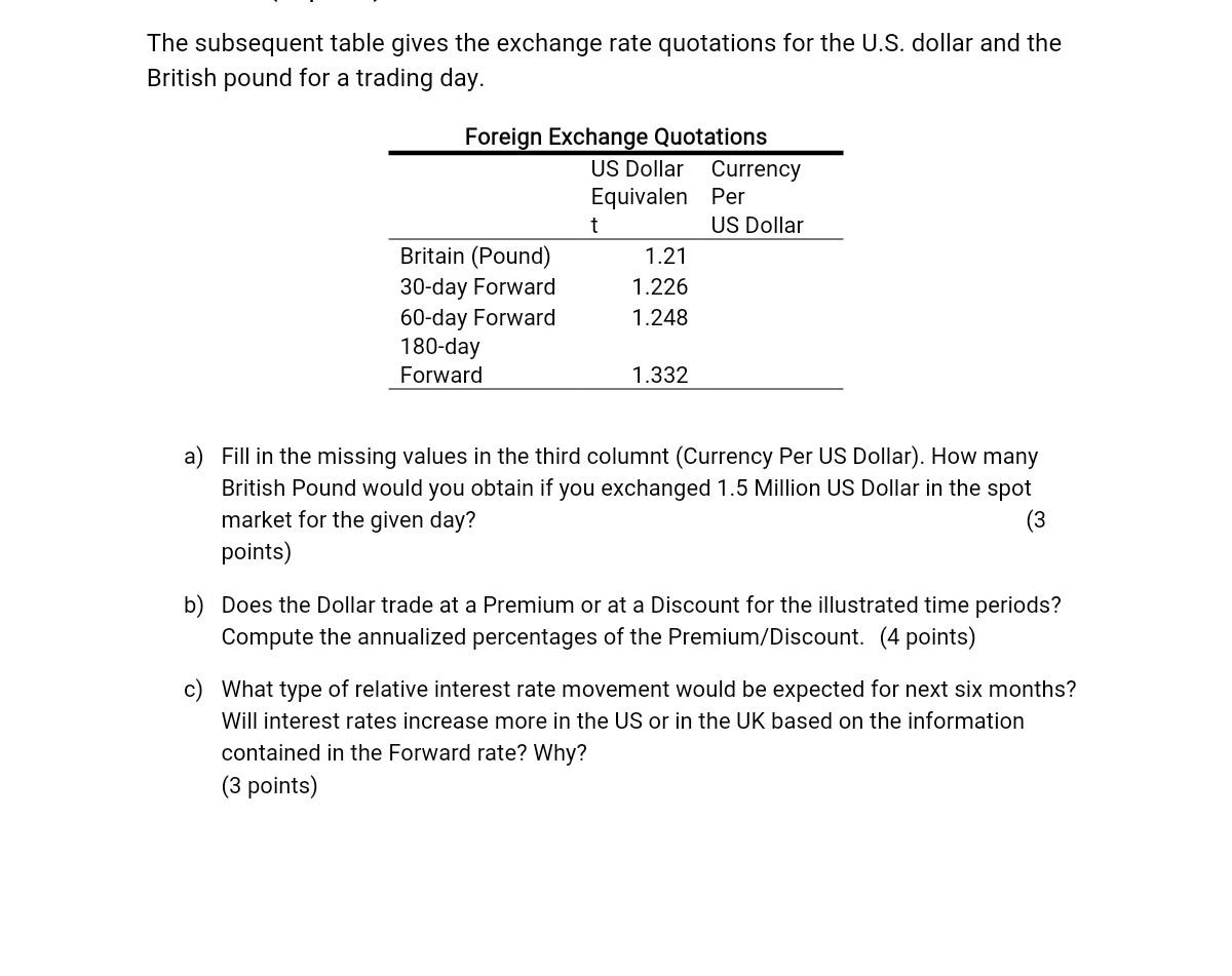 Solved The Subsequent Table Gives The Exchange Rate Chegg