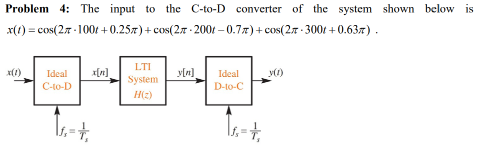 Problem 4: The input to the C-to-D converter of the system shown below is x(t) = cos(21 · 100t +0.251)+cos(21 · 200t – 0.71)+