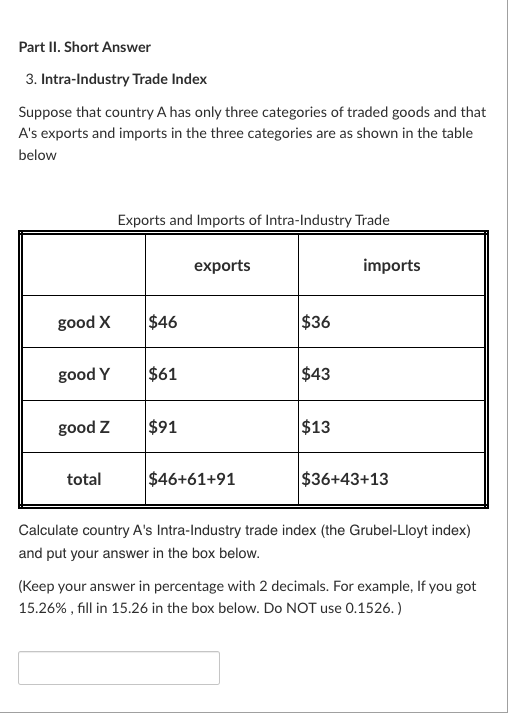 Solved Part II. Short Answer 3. Intra-Industry Trade Index | Chegg.com