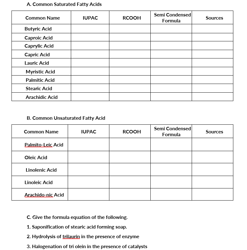 Solved A. Common Saturated Fatty Acids Common Name IUPAC