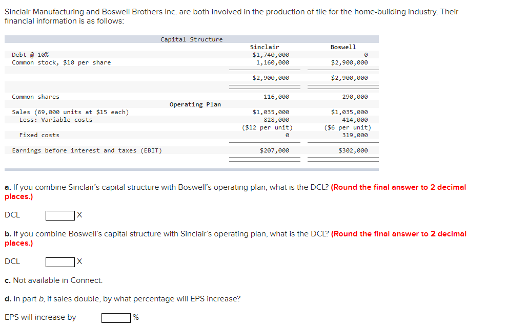 Solved Sinclair Manufacturing and Boswell Brothers Inc. are