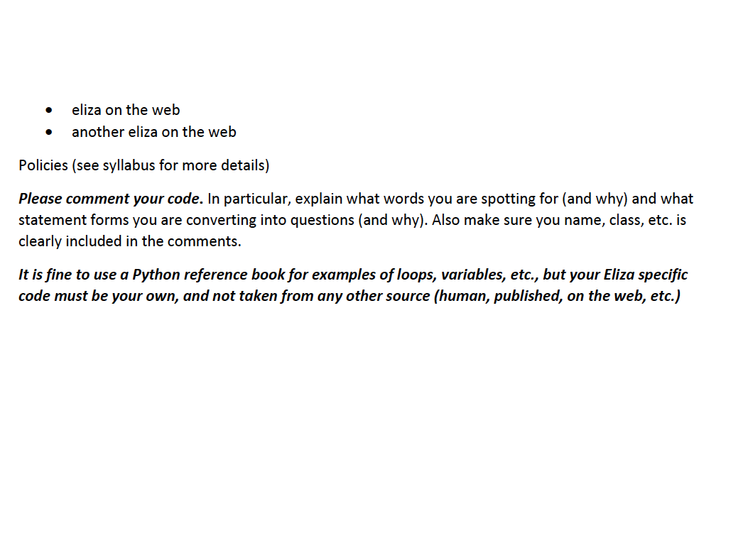 Solved Specification Write an Eliza program in Python3. The | Chegg.com