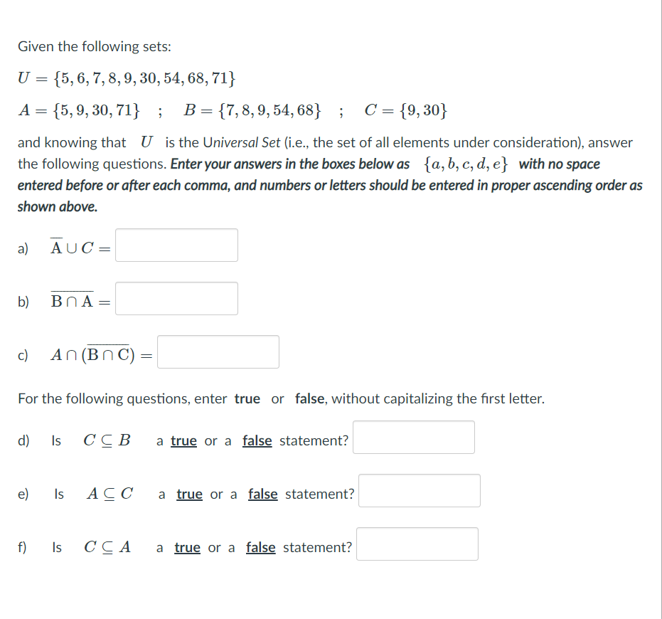 Solved Given The Following Sets: U = 2 7 = {5,6,7,8,9, 30, | Chegg.com