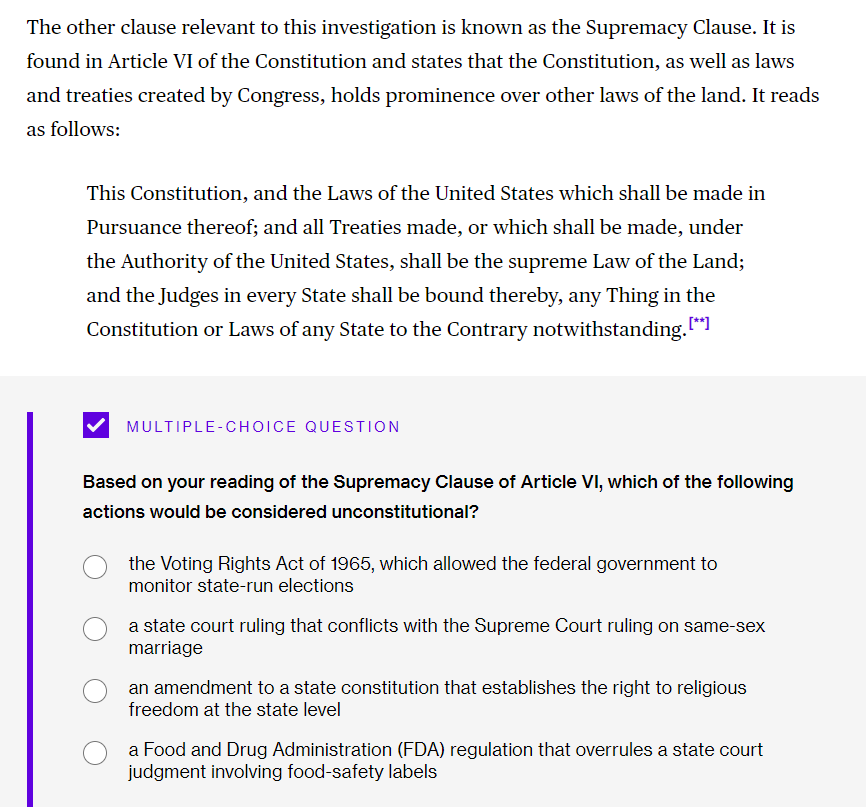 the supremacy clause in article vi of the constitution quizlet