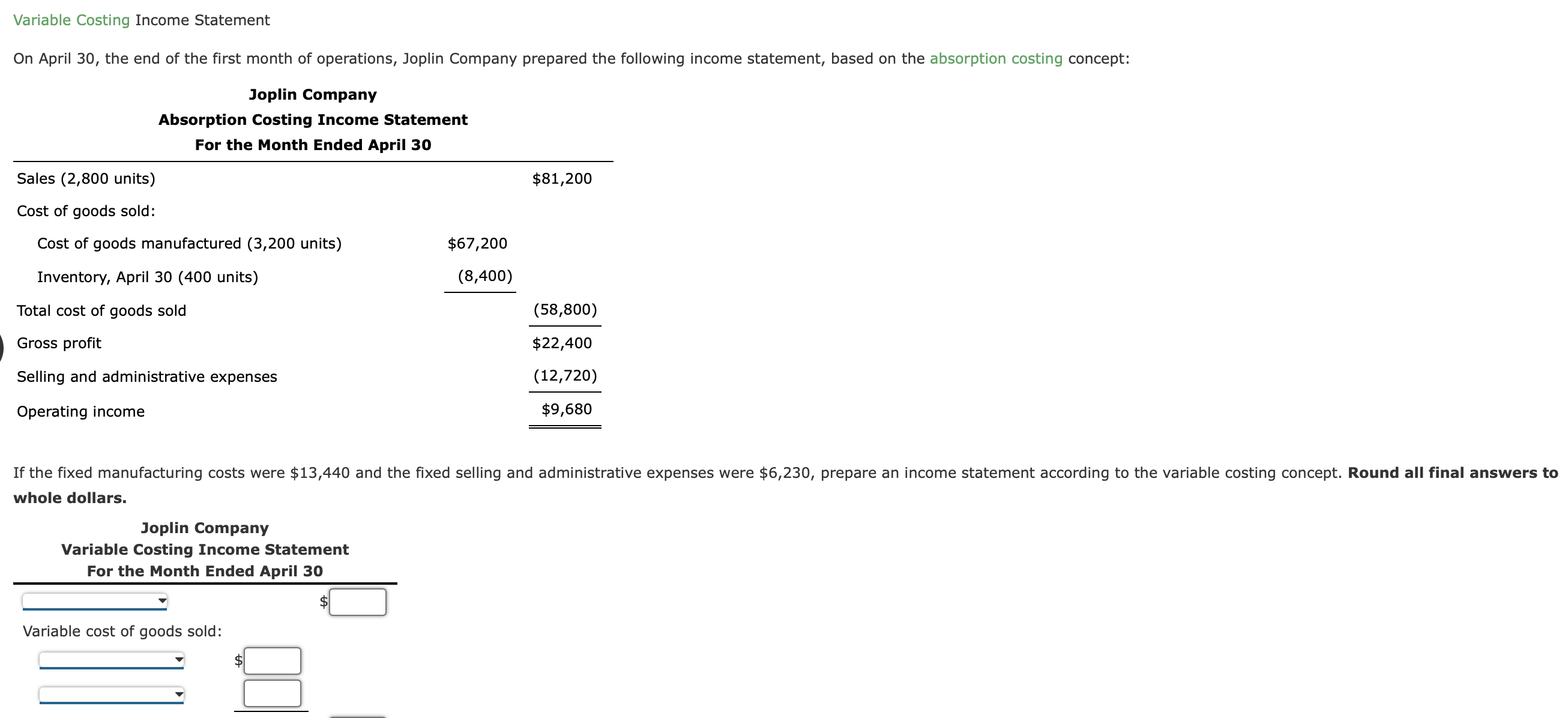 Solved Variable Costing Income Statement On April 30, The 