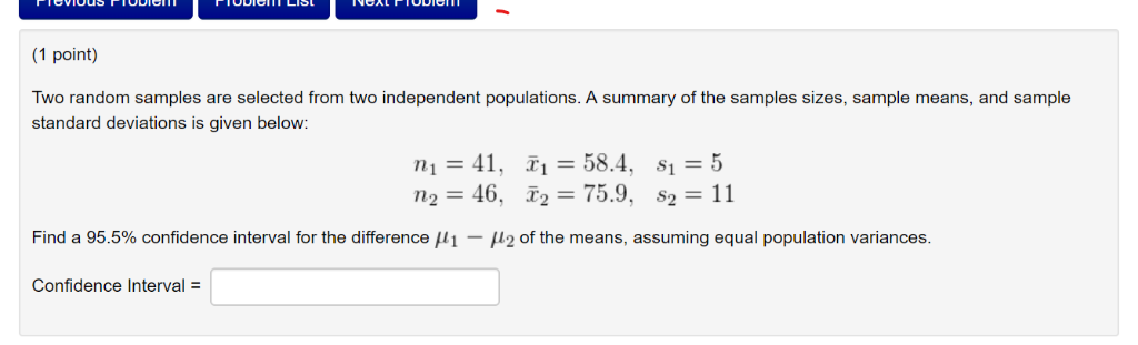 Solved 1 point Two random samples are selected from two | Chegg.com