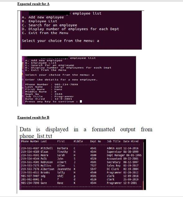 Expected result for a employee list a. add new employee b. employee list c. search for an employee d. display number of emplo