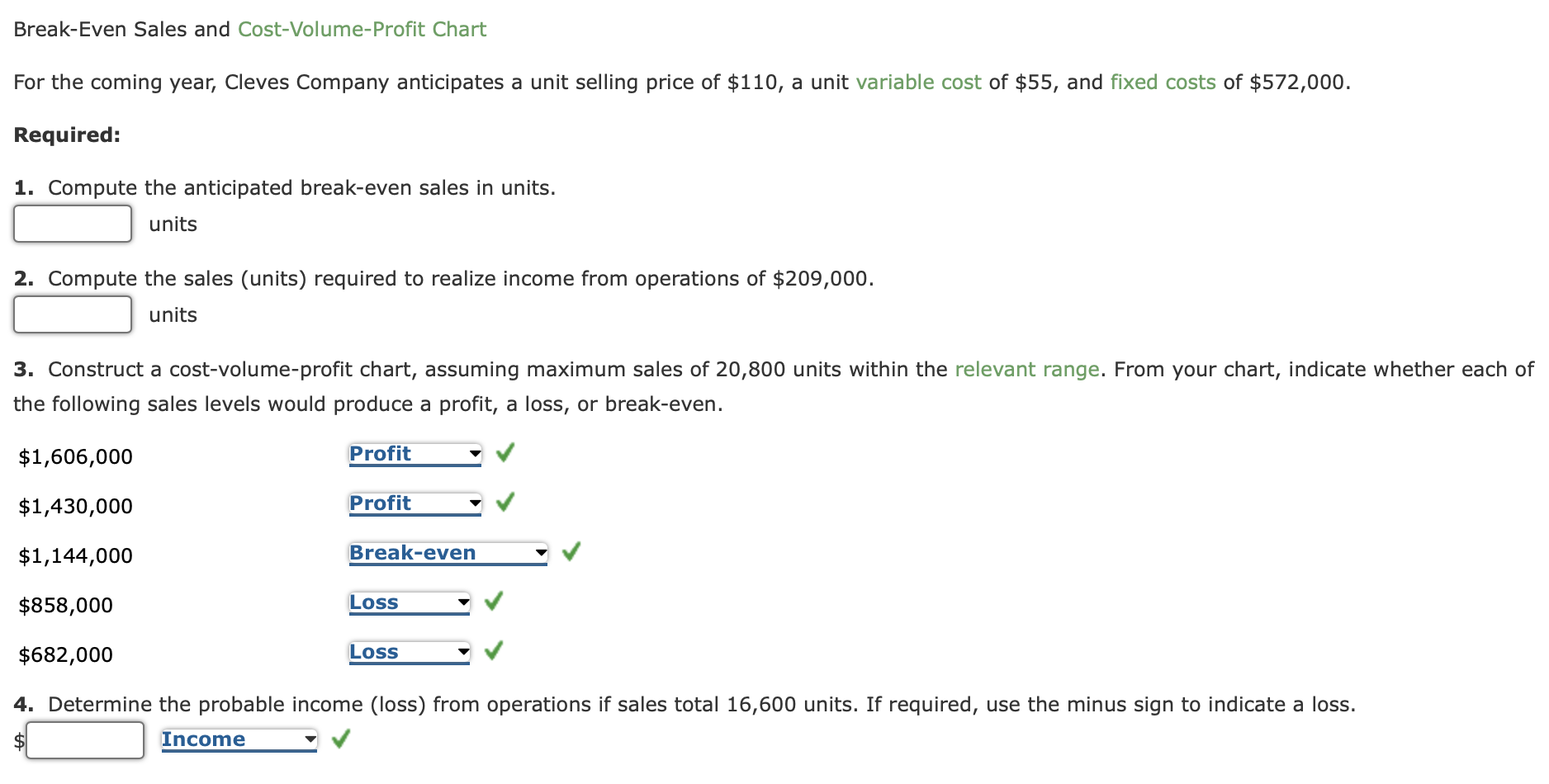 Solved BreakEven Sales and CostVolumeProfit Chart For the