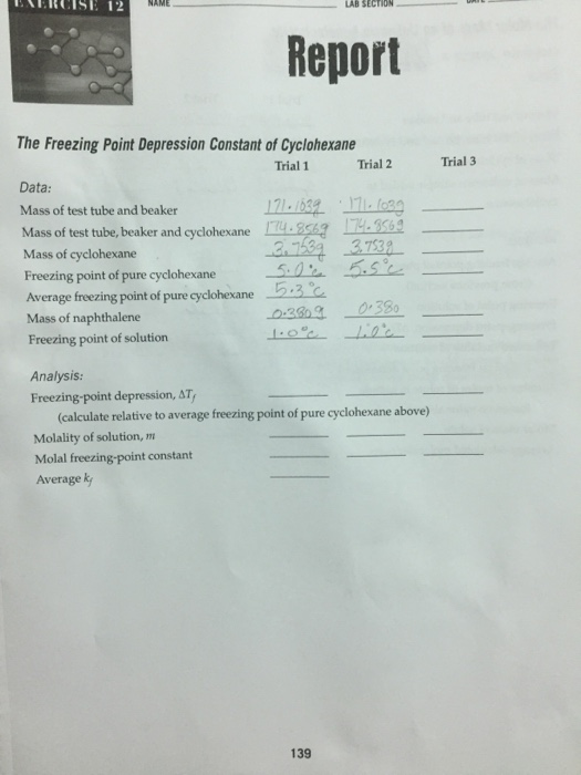 Solved LERCISE 12 LAB SECTION Report The Freezing Point | Chegg.com