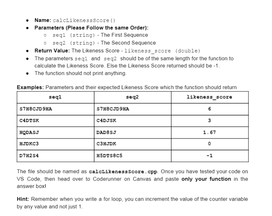 Solved Question 4: calcLikenessScore () (8 points) Write a | Chegg.com