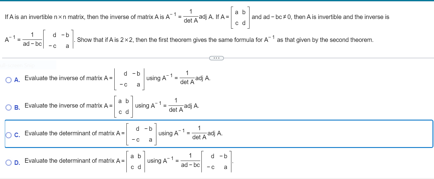 Solved A=⎣⎡05−2−401−102⎦⎤ The adjugate of the given matrix | Chegg.com