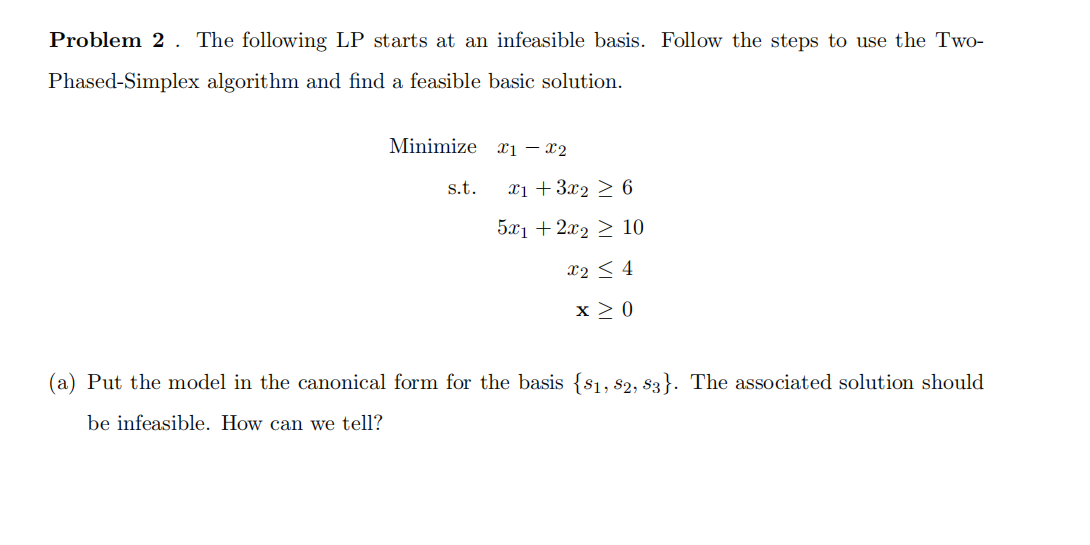 Solved Problem 2 . The following LP starts at an infeasible | Chegg.com